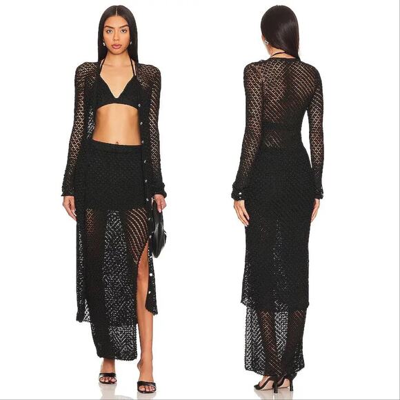 Ser.O.Ya Allison Crochet Button Down Maxi Cardigan Cover Up Black Beach XS S - Picture 2 of 8